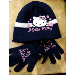 Ensemble bonnet gants Hello Kitty bleu marine rayé blanc