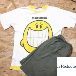 Pyjama 2 pièces t shirt jaune et blanc smiley "m.heureux" et short gris