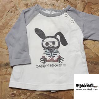 t shirt ML blanc et gris imprimé lapin à lunette