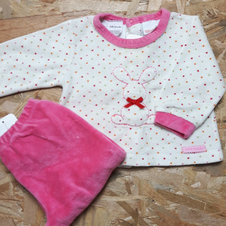 pyjama 2 pièces velours blanc pois colorés lapin brodé pantalon rose