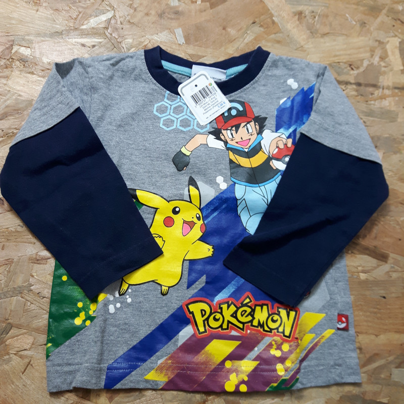 t shirt ML gris et marine imprimé Pokémon