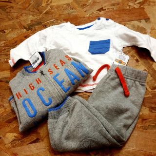 ensemble 3 pièces veste zippé jogging et t shirt ML gris bleu et orange