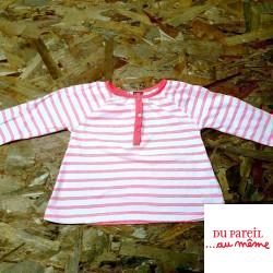 T shirt ML blanc rayé rose fluo