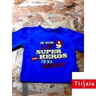 T shirt ML bleu "je suis le super héros de ma maman"