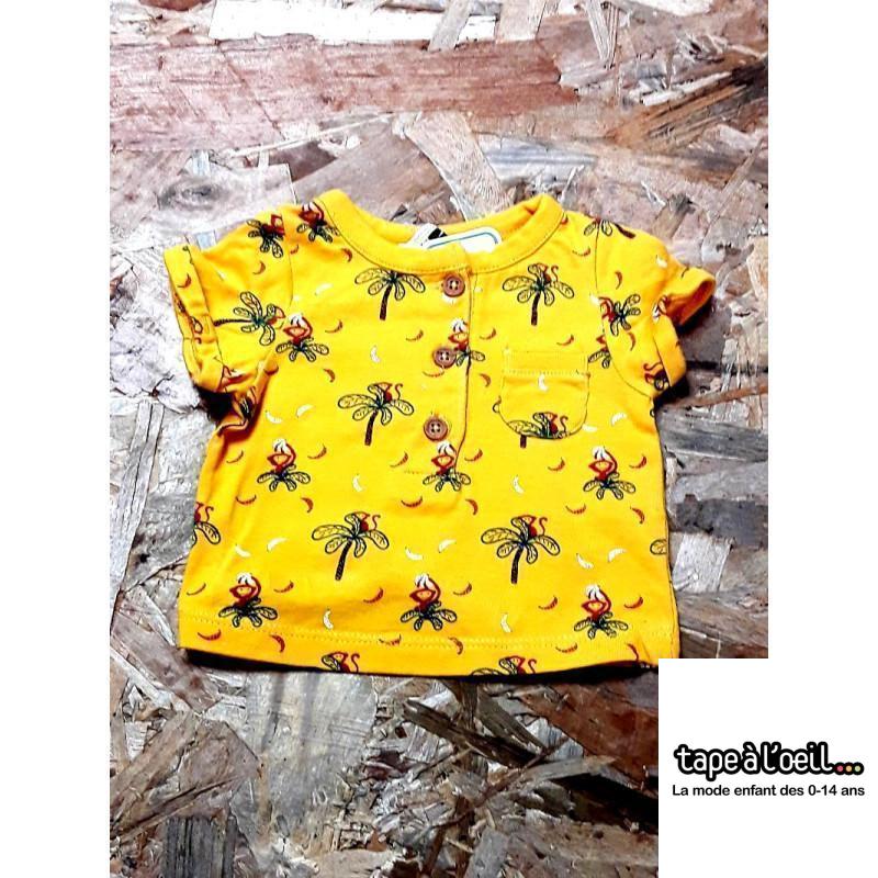 T shirt MC moutarde imprimé singes et palmiers