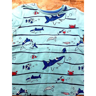 T shirt MC bleu imprimé requin et poisson
