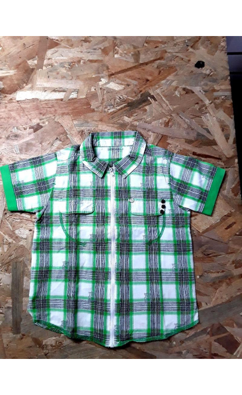 Chemise MC zippée à carreaux vert et noir