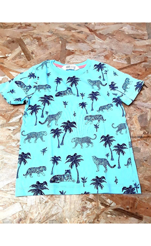 T shirt MC bleu imprimé tigre palmier marine