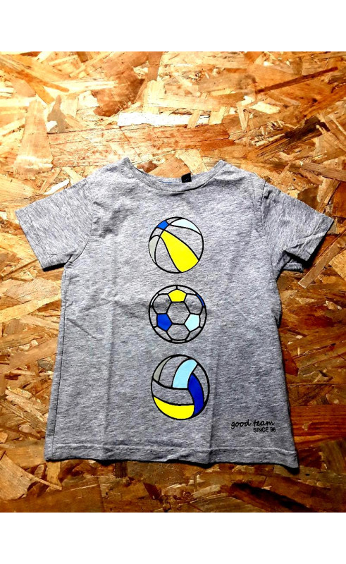 T shirt gris imprimé ballon jaune et bleu