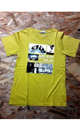 T shirt MC jaune imprimé skate noir et blanc