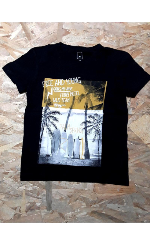 T shirt MC noir imprimé plage et palmier écriture blanche