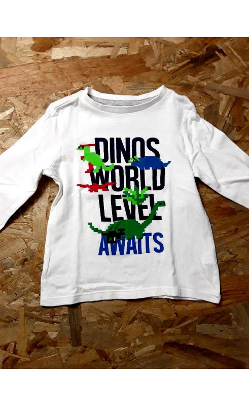 T shirt ML blanc imprimé dinosaure