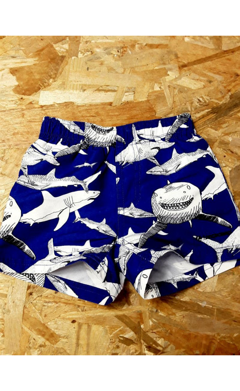 Short de bain bleu électrique imprimé requins blanc