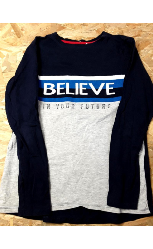 T shirt ML marine bleu et blanc imprimé believe