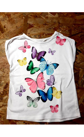 T shirt MC blanc imprimé papillons colorés