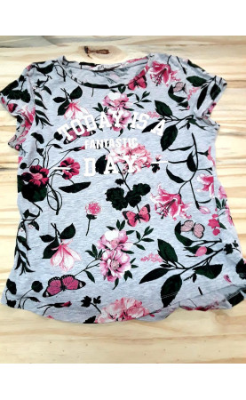 T shirt MC gris imprimé fleur rose