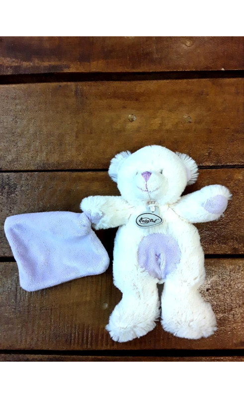 Doudou ours blanc et violet