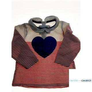tee shirt ML rayé blanc et rouge avec coeur bleue