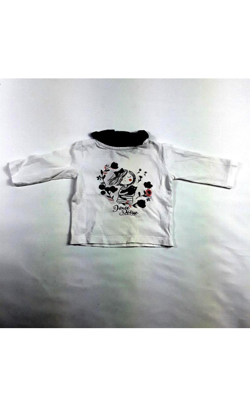 T shirt ML blanc col fleur bleu marine imprimé fille au chat "Douce Poésie"