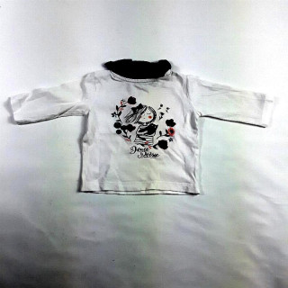 T shirt ML blanc col fleur bleu marine imprimé fille au chat "Douce Poésie"