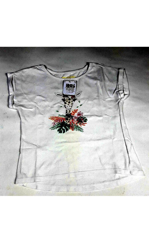 T shirt MC blanc girafe paillettes et fleurs