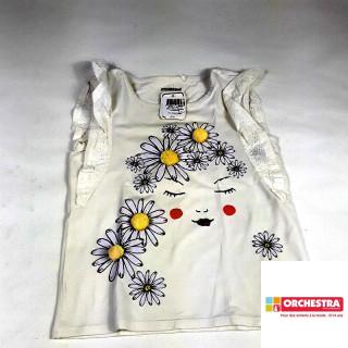 T shirt MC blanc fleurs pompon