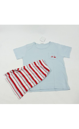 Pyjama 2 pièces bleu et rouge avec bateaux sur poche