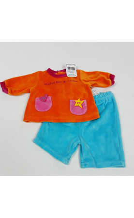 Ensemble 2 pièces en velours haut orange et rose et pantalon bleu