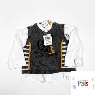 Ensemble 2 pièces gilet gris et chemise col mao blanche