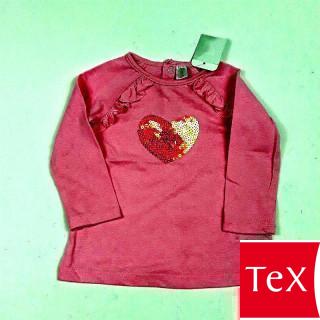 T-shirt rose avec coeur sequin et froufrou au manche