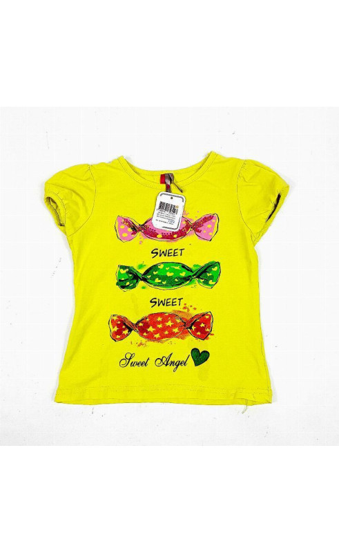T-shirt MC jaune motif bonbons de couleurs