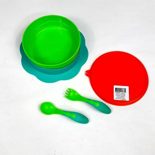 support ventouse bleu avec boite tupperware vert et orange et fourchette et cuillère bleu et vert