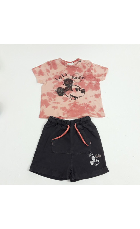 ensemble 2 pièces t-shirt mc mickey tie and die et short gris avec cordon rose