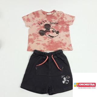 ensemble 2 pièces t-shirt mc mickey tie and die et short gris avec cordon rose