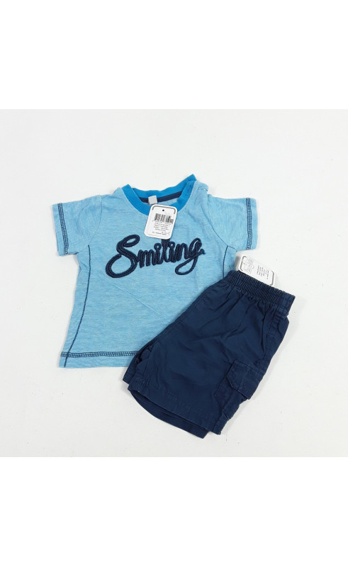 Ensemble 2 pièces t-shirt bleu " smiling" + short bleu marine