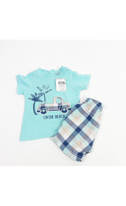 Ensemble 2 pièces t-shirt bleu motif voiture + short a carreaux bleu