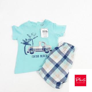 Ensemble 2 pièces t-shirt bleu motif voiture + short a carreaux bleu