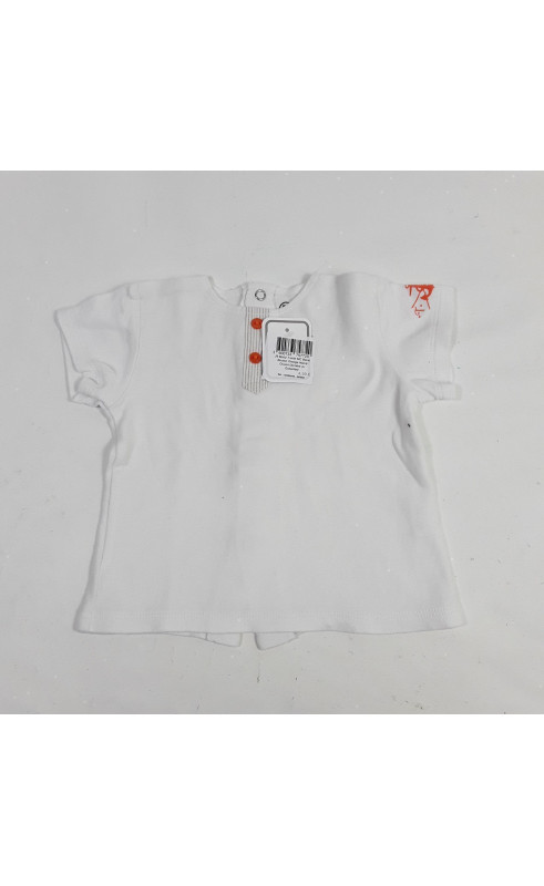 T-shirt MC blanc bouton orange nacré ouvert derrière