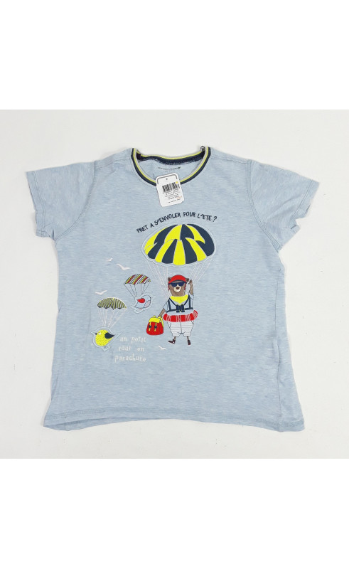 T shirt MC bleu imprimé ours et son parachute