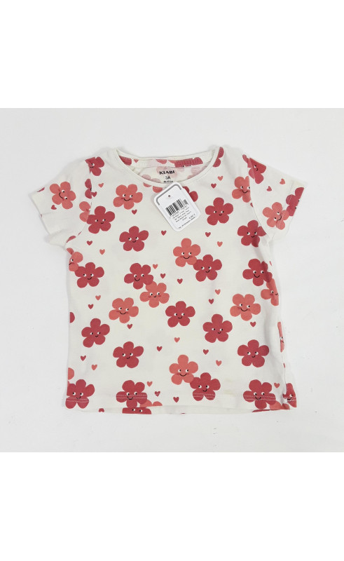 T-shirt MC blanc avec fleur rose boisé qui sourit