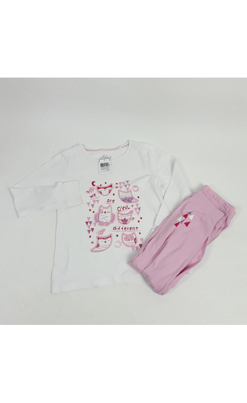 Pyjama 2 pièces blanc/rose motif hibou + pantalon rose