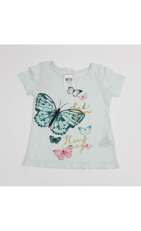 T-shirt bleu pale imprimé papillon " let your head sing"