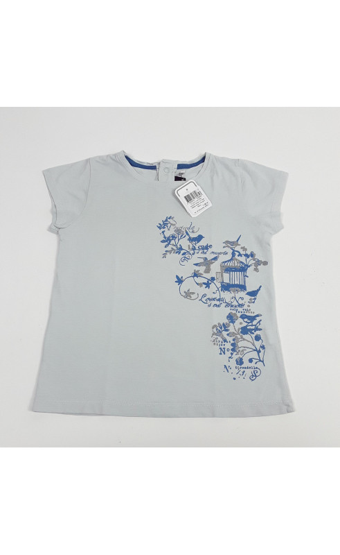 T-shirt bleu imprimé oiseau et cage pailleté argent