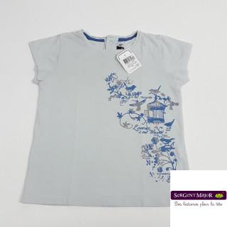 T-shirt bleu imprimé oiseau et cage pailleté argent