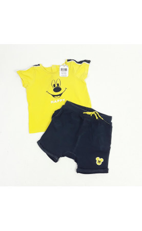 ensemble 2 pièces t-shirt jaune " happy " et short bleu marine avec cordon jaune