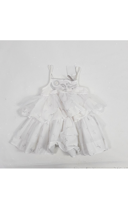 Robe blanche avec froufrou et noeud argenté