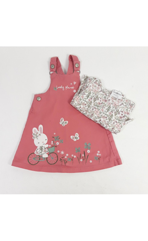 Ensemble 2 pièces salopette rose motif lapin + t-shirt