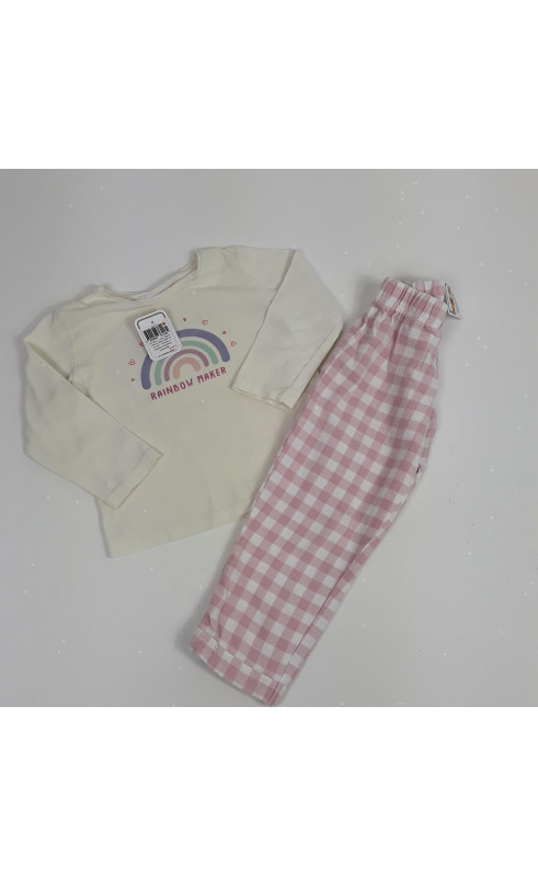 Pyjama 2 pièces blanc motif arc en ciel + pantalon a carreaux rose/blanc