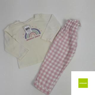 Pyjama 2 pièces blanc motif arc en ciel + pantalon a carreaux rose/blanc