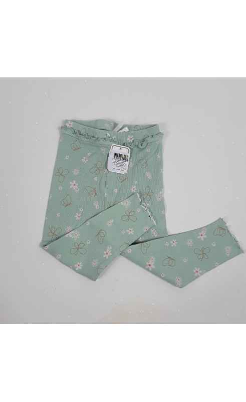 Legging bleu motif papillon or et fleurs blanche